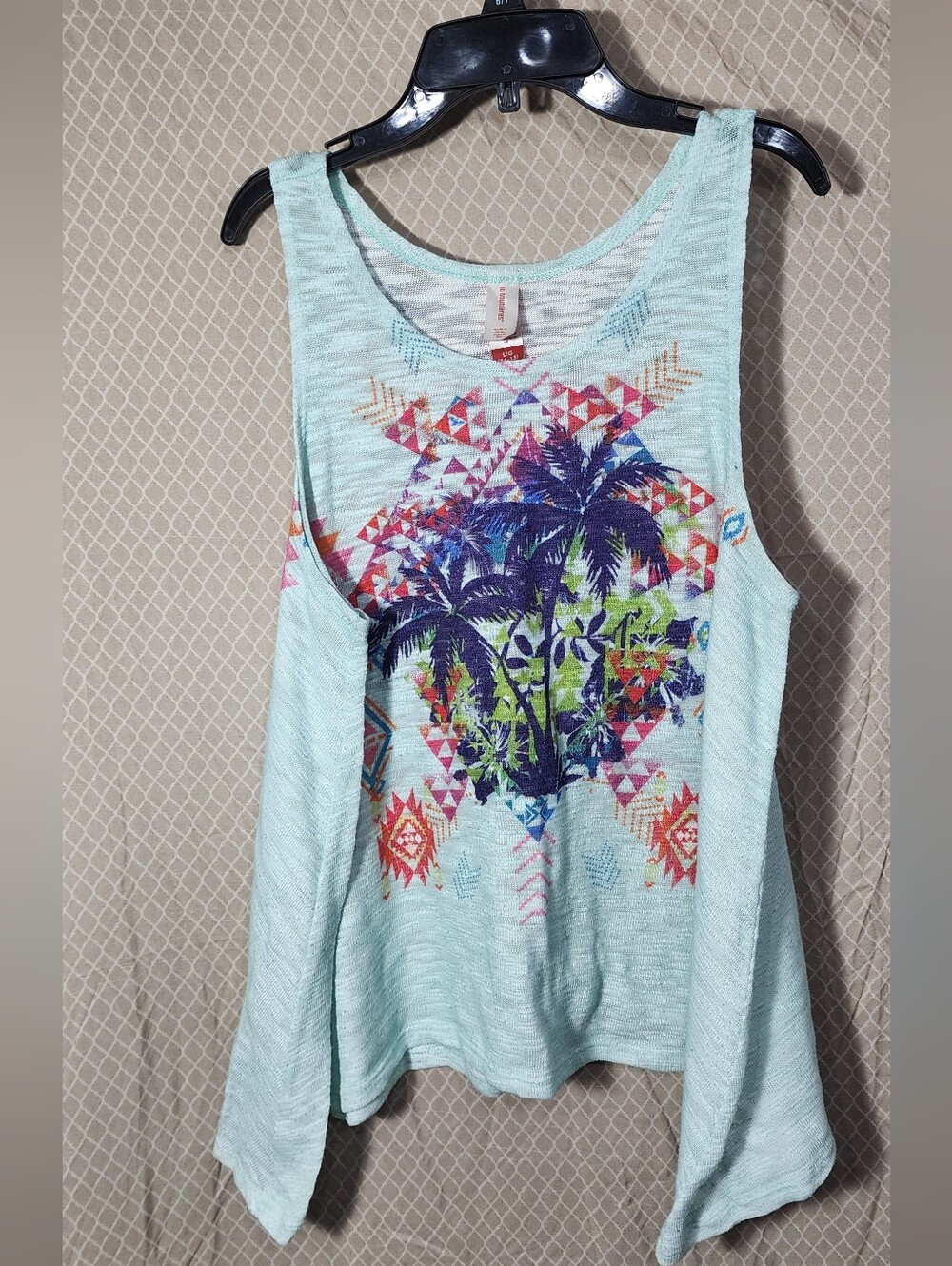 No Boundaries Geometric Print Palm Tree Turquoise Tank Top Women's Large Used